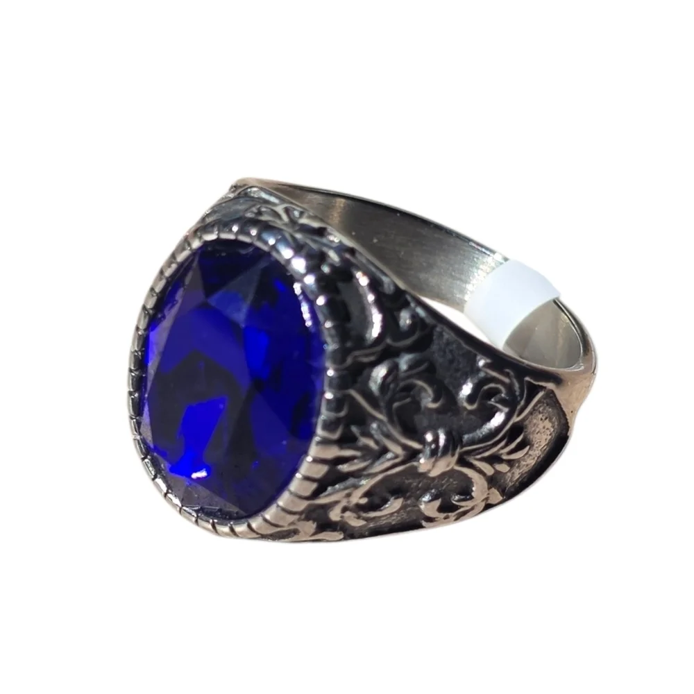 New Men's Stainless Steel Ring with Blue Cubic Zirconia Size 11